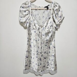 Forever 21 Mini Babydoll Dress Cream Puff Sleeve Lace Trim Coquette Y2K Style M